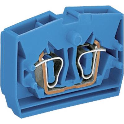 Bloc de connexion électrique bleu avec deux contacts en cuivre et un cavalier métallique, vue de dessus.