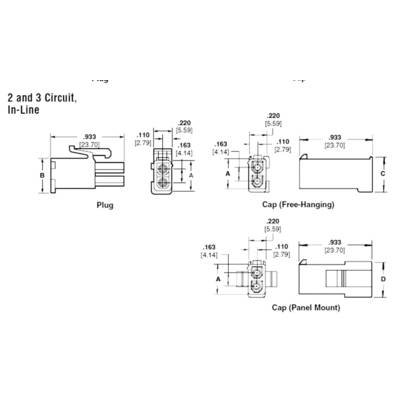 '2 et 3 Circuits, En Ligne' présente des dessins techniques de connecteurs avec des dimensions en pouces pour la fiche, le capuchon libre et le capuchon de montage sur panneau.