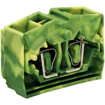 Connecteur en plastique vert, rectangulaire, avec deux emplacements et des contacts métalliques, utilisé pour les connexions électriques.