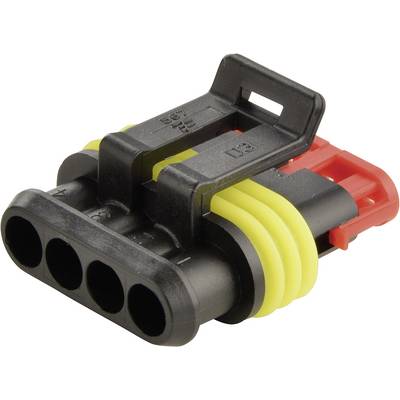 Un connecteur noir en plastique avec des éléments jaunes et rouges, quatre bornes de connexion, composant typique pour les connexions électriques dans les véhicules.