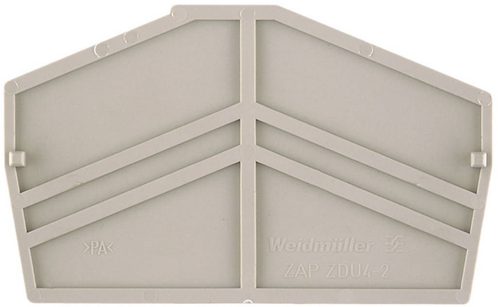Capot en plastique gris Weidmüller ZAP ZDU4-2 au design trapézoïdal avec marquages.