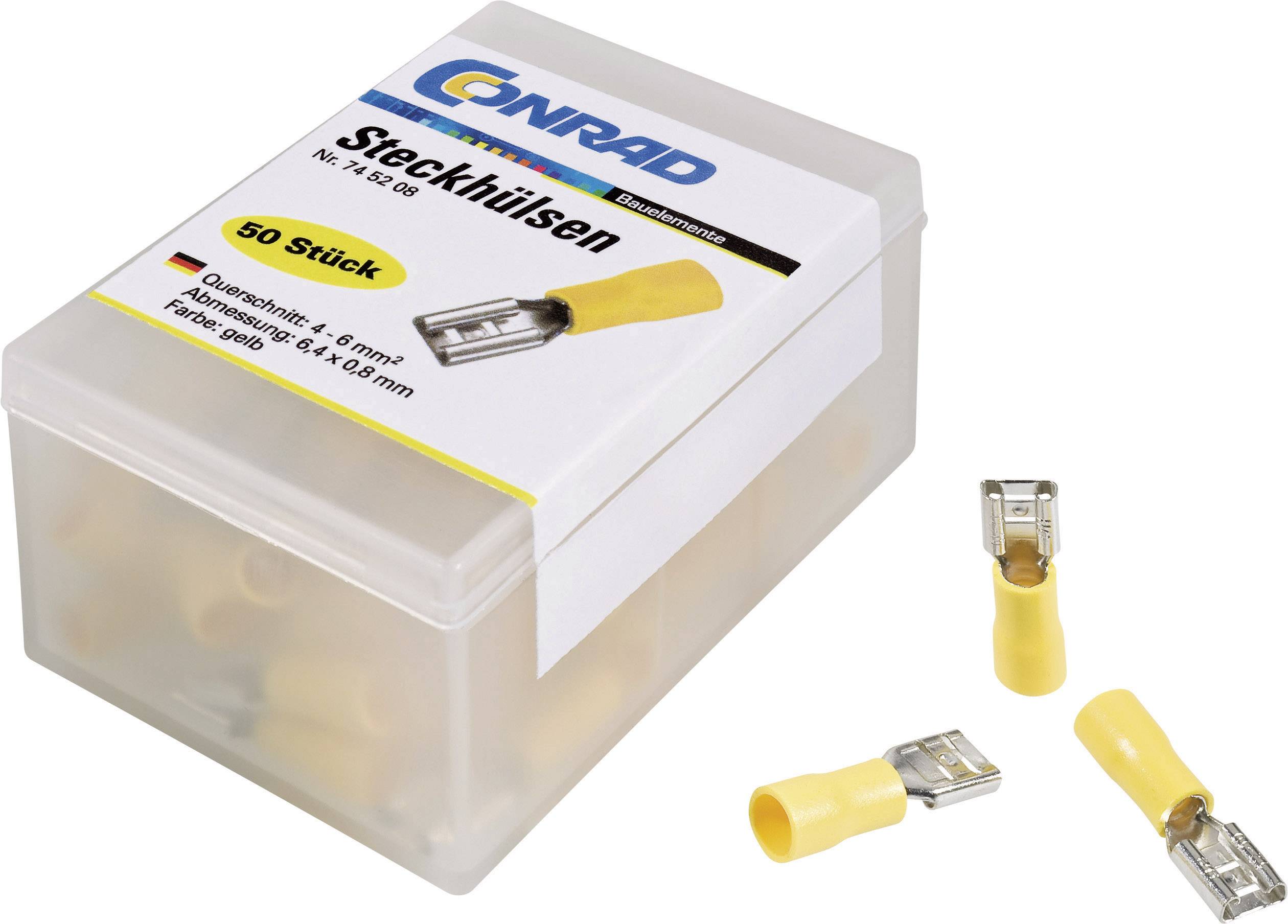 Boîte en plastique avec des embouts de connexion jaunes portant l'inscription 'Embouts de connexion, 50 pièces, Section transversale : 6,3 mm, Connexion : 6-4 x 0,8 mm'. Quelques embouts de connexion sont disposés devant.
