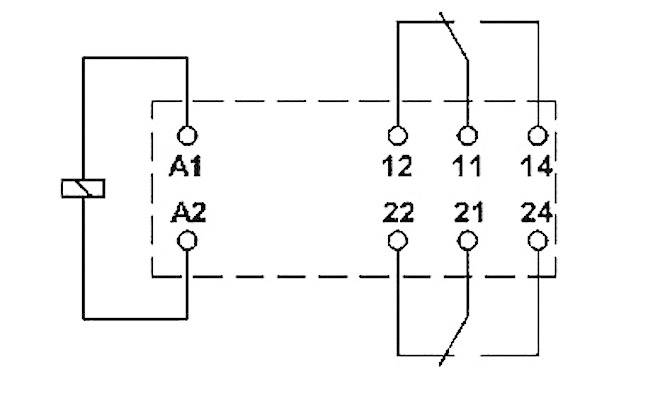Schéma de câblage d'un relais à deux bobines A1 et A2, connecté avec des contacts de commutation 11, 12, 14, 21, 22, 24.