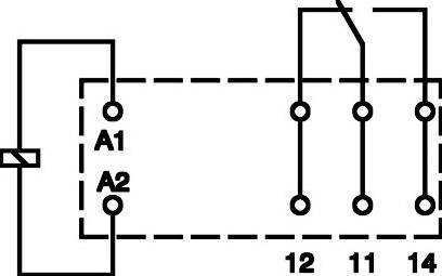 Schéma de câblage d'un relais électrique avec bornes de bobine A1, A2 et positions de commutation 12, 11, 14.