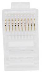 Un connecteur RJ45 transparent avec des contacts dorés visibles, utilisé pour les connexions de câbles réseau.