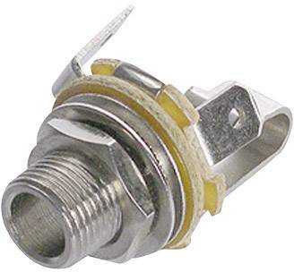 Une fiche F pour connexion de câble coaxial, composée d'un boîtier métallique fileté et d'une plaque de fixation.