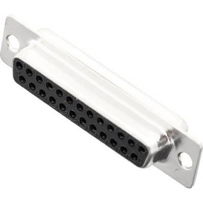 Un connecteur D-Sub argenté avec deux trous de vis, composé de nombreuses petites douilles de connexion noires disposées en deux rangées.