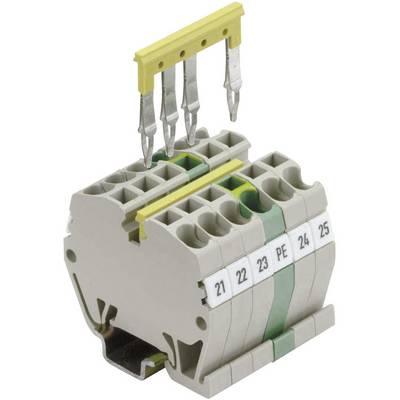 Un bloc de bornes gris avec un marquage jaune et vert et l'étiquetage '21, 22, 23, PE, 24, 25'. Des ponts de connexion jaunes sont situés en haut.