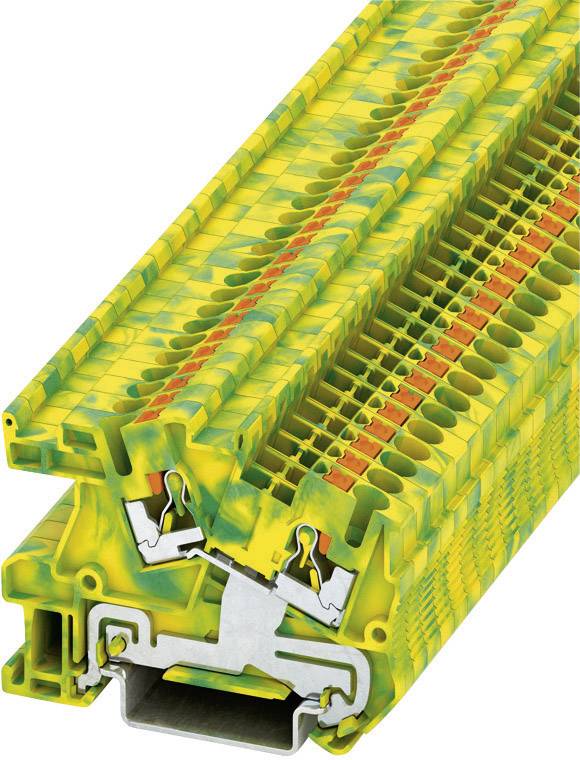 Un bloc de bornes à rangée jaune-verte avec contacts métalliques, adapté aux connexions électriques industrielles et au câblage.