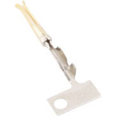 Broche de contact métallique avec base rectangulaire et trou, deux câbles de couleur beige connectés. Utilisée dans des applications électroniques.