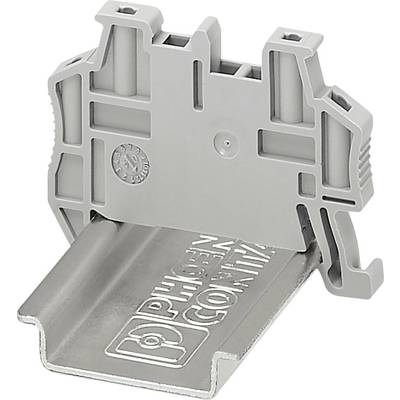 Support de terminaison de bloc de jonction électrique gris sur rail de montage métallique.