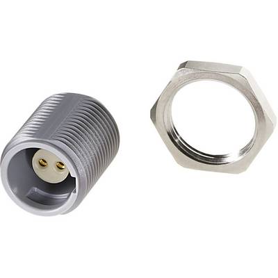 Une pièce cylindrique grise striée à côté d'un anneau de connexion hexagonal argenté sur un fond blanc.