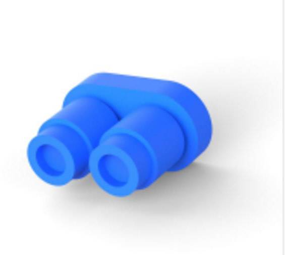 Composant enfichable bleu avec deux extrémités cylindriques, probablement utilisé pour des connexions électroniques, sur fond blanc.