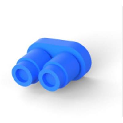 Composant enfichable bleu avec deux extrémités cylindriques, probablement utilisé pour des connexions électroniques, sur fond blanc.