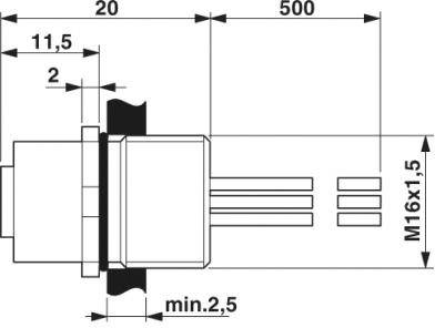 Dessin technique d'un objet cylindrique avec filetage M16x1,5. Dimensions : 20, 500, 2,5 mm. Représente les longueurs et diamètres précis.