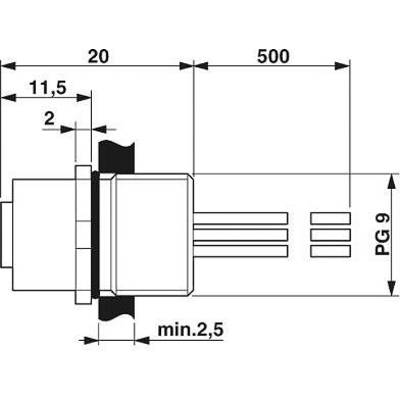 Dessin technique d'un connecteur cylindrique. Dimensions : longueur 500 mm, PG 9 ; connexions latérales.