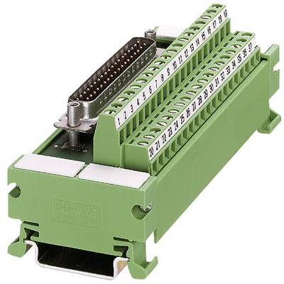 Un bloc de connexion électrique vert avec des bornes numérotées de 1 à 37, utilisé pour connecter des composants électroniques.