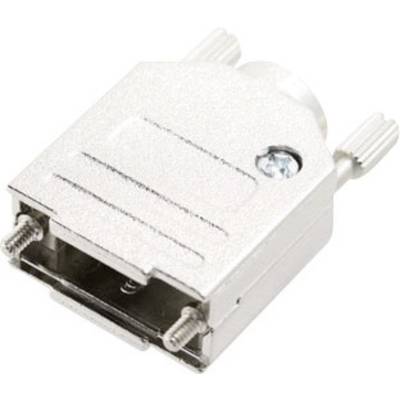 Boîtier métallique D-Sub avec vis sur chaque côté, conçu pour protéger et connecter les câbles avec leurs fiches.