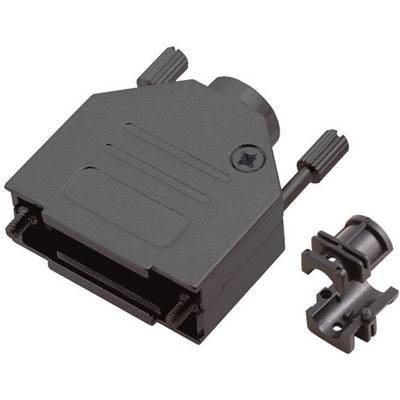 Un boîtier noir en plastique pour un connecteur électrique, équipé de deux vis de fixation, est posé à côté d'un petit composant.
