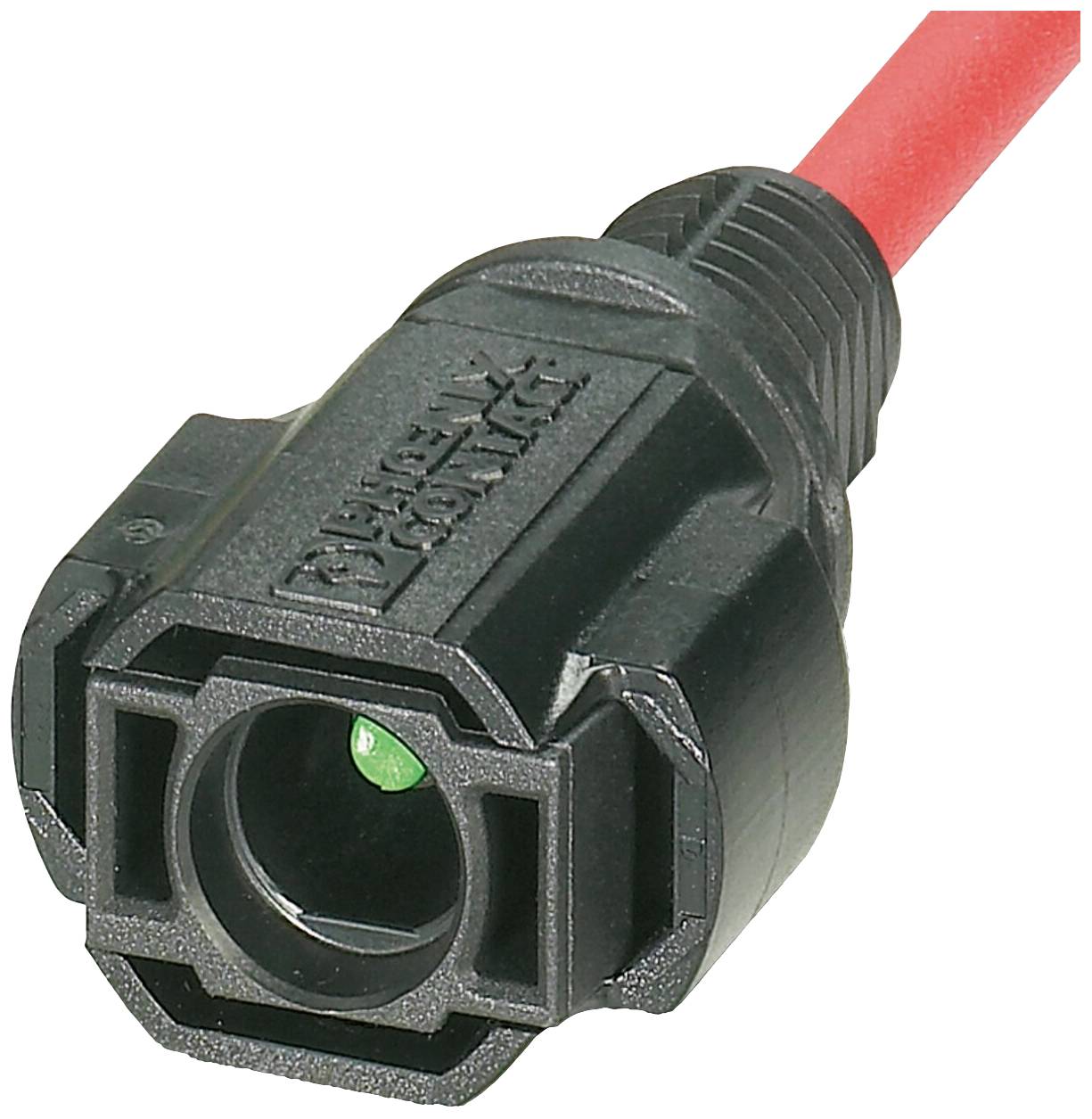 Une prise noire et rectangulaire avec un câble rouge, avec une diode électroluminescente (LED) verte à l'avant.