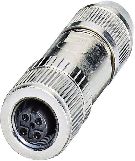 Une fiche argentée, cylindrique, avec quatre broches disposées de manière circulaire, adaptée aux connexions techniques.