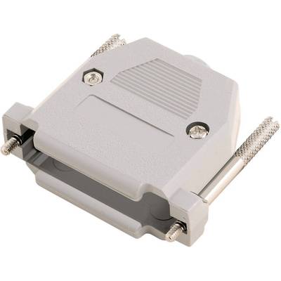 Un boîtier de connecteur D-Sub gris avec deux vis de fixation. Il protège et organise les connexions de câbles.