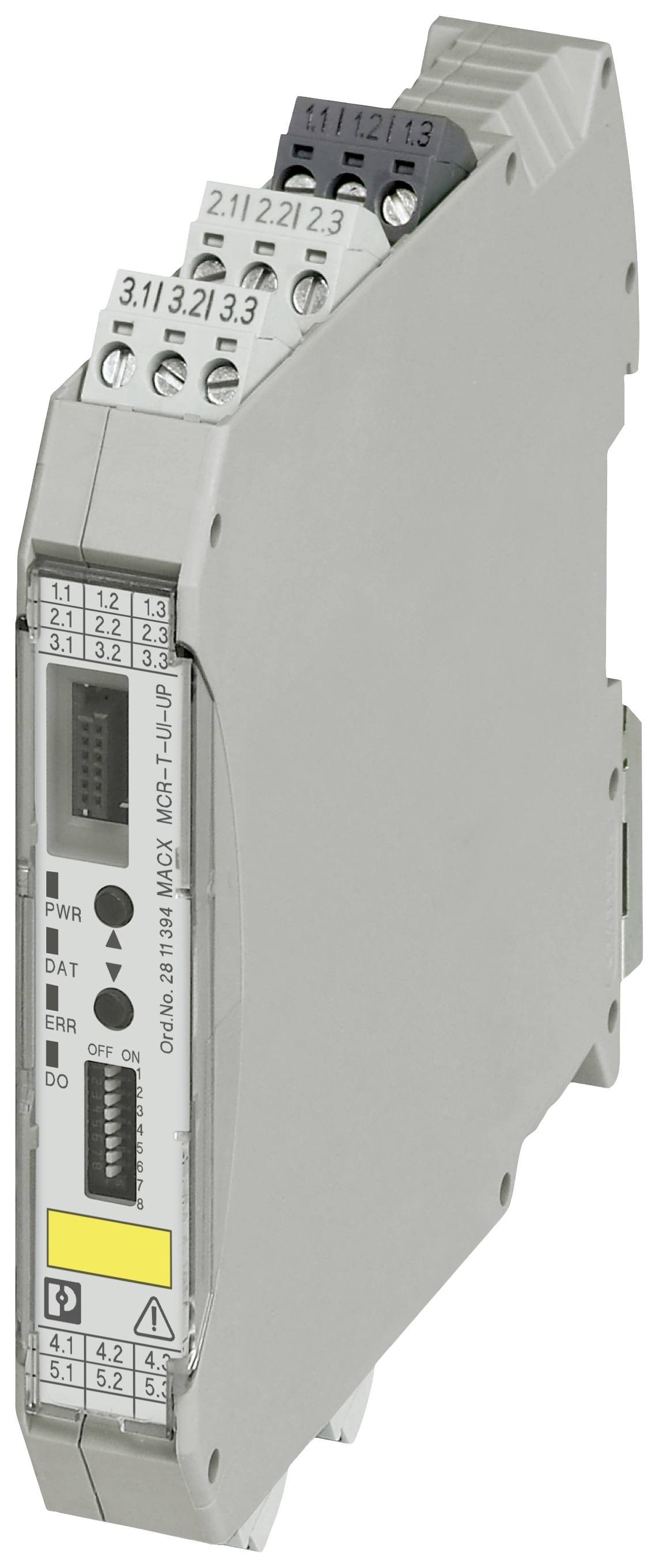 Un module électronique gris avec plusieurs connexions et indicateurs LED, adapté pour un montage sur rail DIN.