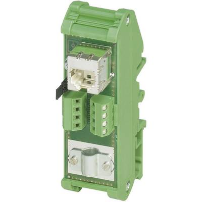 Un module électrique vert avec plusieurs connexions et bornes. Il sert à connecter des composants électriques.