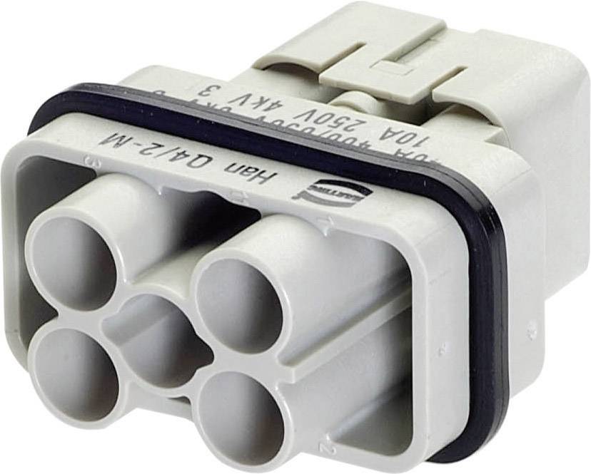 Connecteur électrique gris avec cinq bornes rondes et joint noir. Conçu pour des applications industrielles.