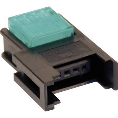 Un connecteur en plastique noir avec un composant en plastique vert légèrement translucide. Utilisé pour des connexions électroniques.