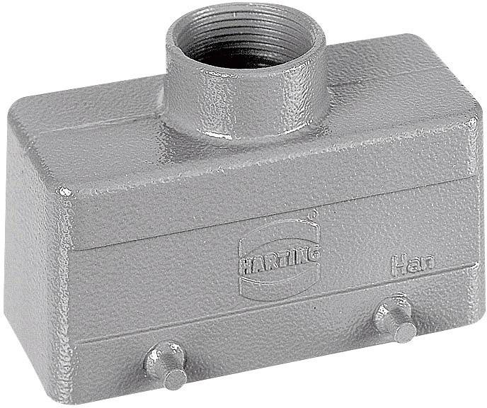 Boîtier de connecteur rectangulaire gris en métal avec une ouverture pour vis sur le dessus et deux broches de fixation en bas.