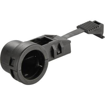 Pièce en plastique noir à extrémités arrondie et rectangulaire, probablement un composant d'un appareil ou d'une machine.