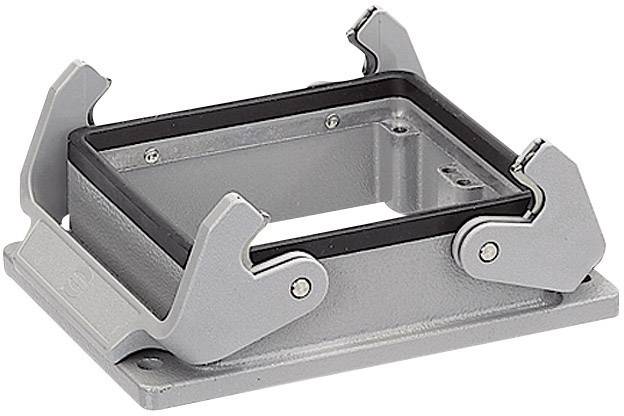 Support rectangulaire gris en métal avec deux pinces latérales à chaque angle, adapté aux applications industrielles.