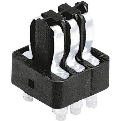 Un interrupteur électrique noir multipolaire avec des contacts en argent, adapté au montage sur circuit imprimé.