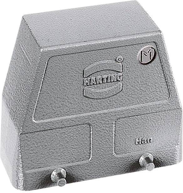 Boîtier de connecteur industriel gris, orné de deux vis, portant la marque 'HARTING'.