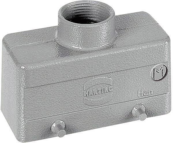 Boîtier métallique avec inscription latérale 'Harting Han', ouverture de connexion cylindrique en haut, forme rectangulaire.