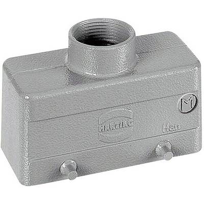 Boîtier métallique avec inscription latérale 'Harting Han', ouverture de connexion cylindrique en haut, forme rectangulaire.