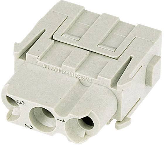 Un connecteur en plastique gris, rectangulaire, tripôle, avec les chiffres '1', '2' et '3' sur les entrées de courant.
