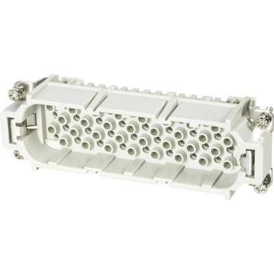 Connecteur rectangulaire blanc avec plusieurs ouvertures rondes de connexion et des vis métalliques aux angles pour la fixation.