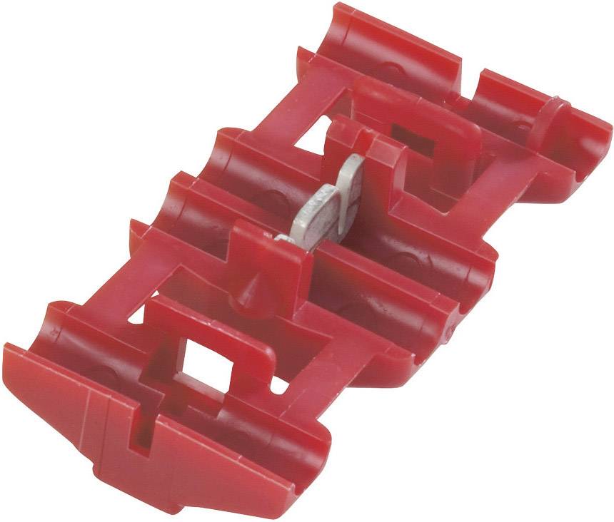 Connecteur électrique rouge en plastique avec contact métallique, adapté pour des connexions de câbles propres et rapides.