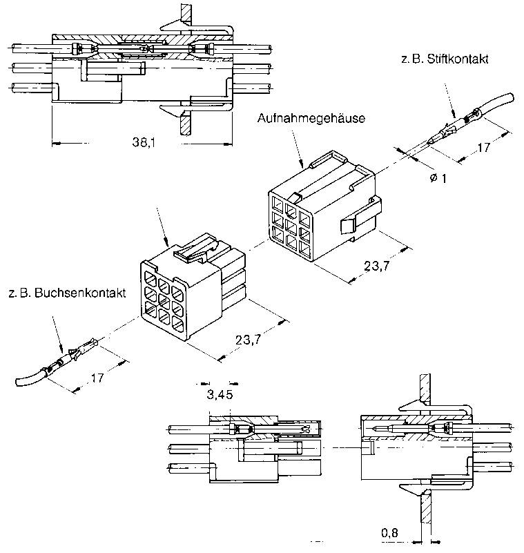 Dessin technique d'un connecteur électrique avec dimensions et composants tels que les contacts de broche et de douille.