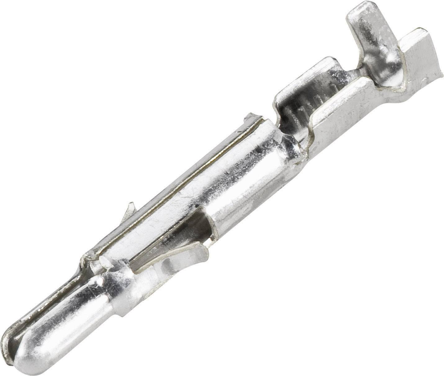 Un unique morceau de contact en métal, argenté et brillant, repose légèrement incliné sur un fond blanc.