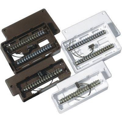 Quatre bornes de connexion dans des boîtiers marron et blanc, chacune dotée de plusieurs contacts métalliques pour le câblage électrique.
