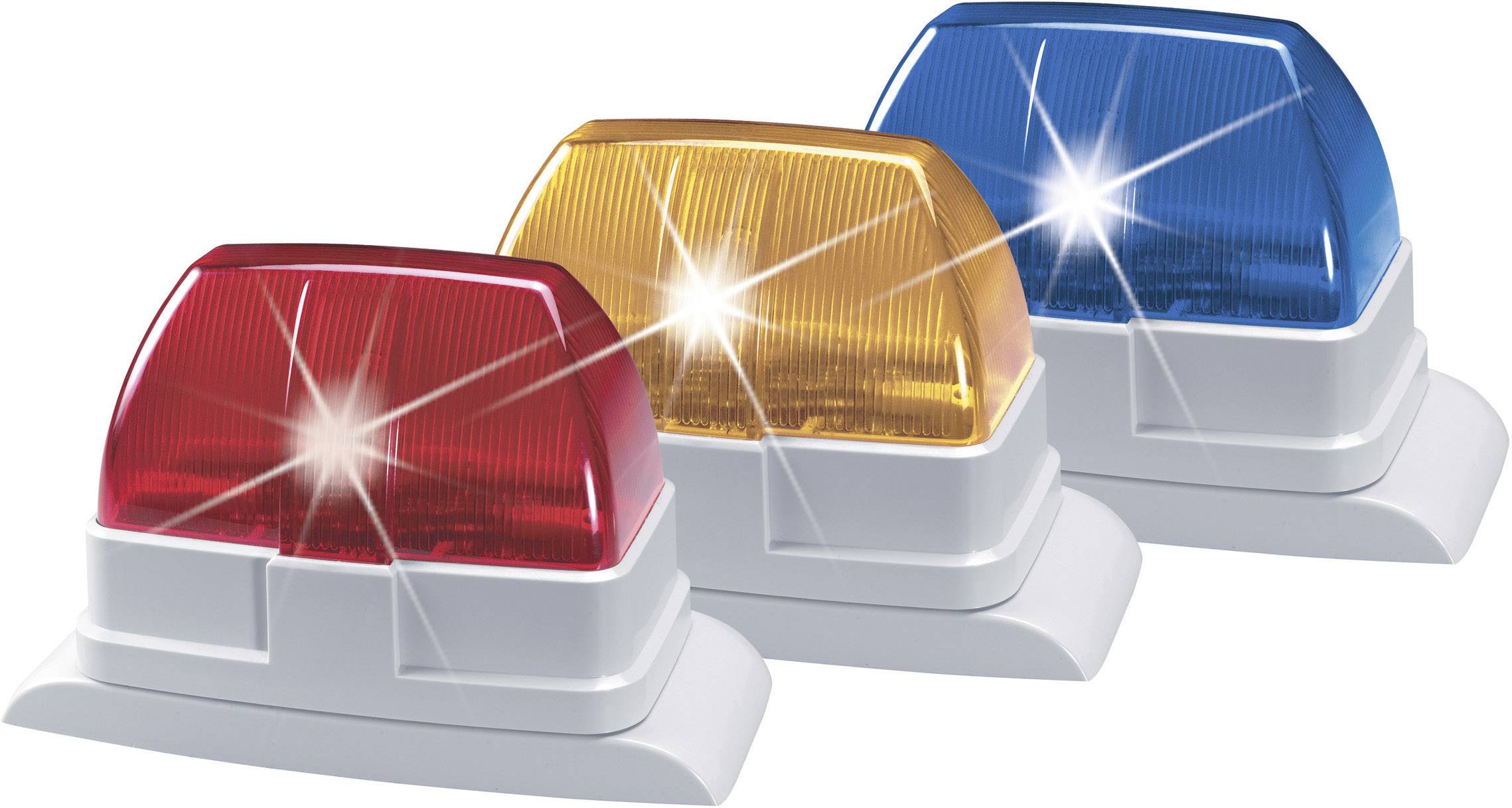 Trois lampes de signalisation modernes et lumineuses en rouge, jaune et bleu, montées sur des socles blancs, symbolisent les signaux d'avertissement, de mise en garde et d'information.