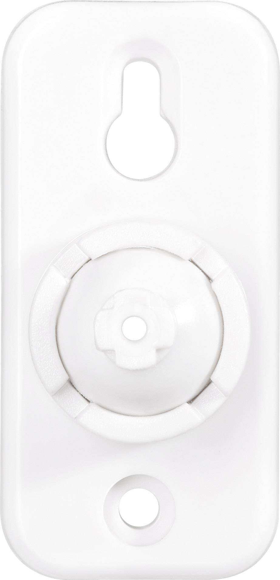 Support mural en plastique blanc avec mécanisme de rotation central. La section supérieure et inférieure présentent des trous pour la fixation par vis.
