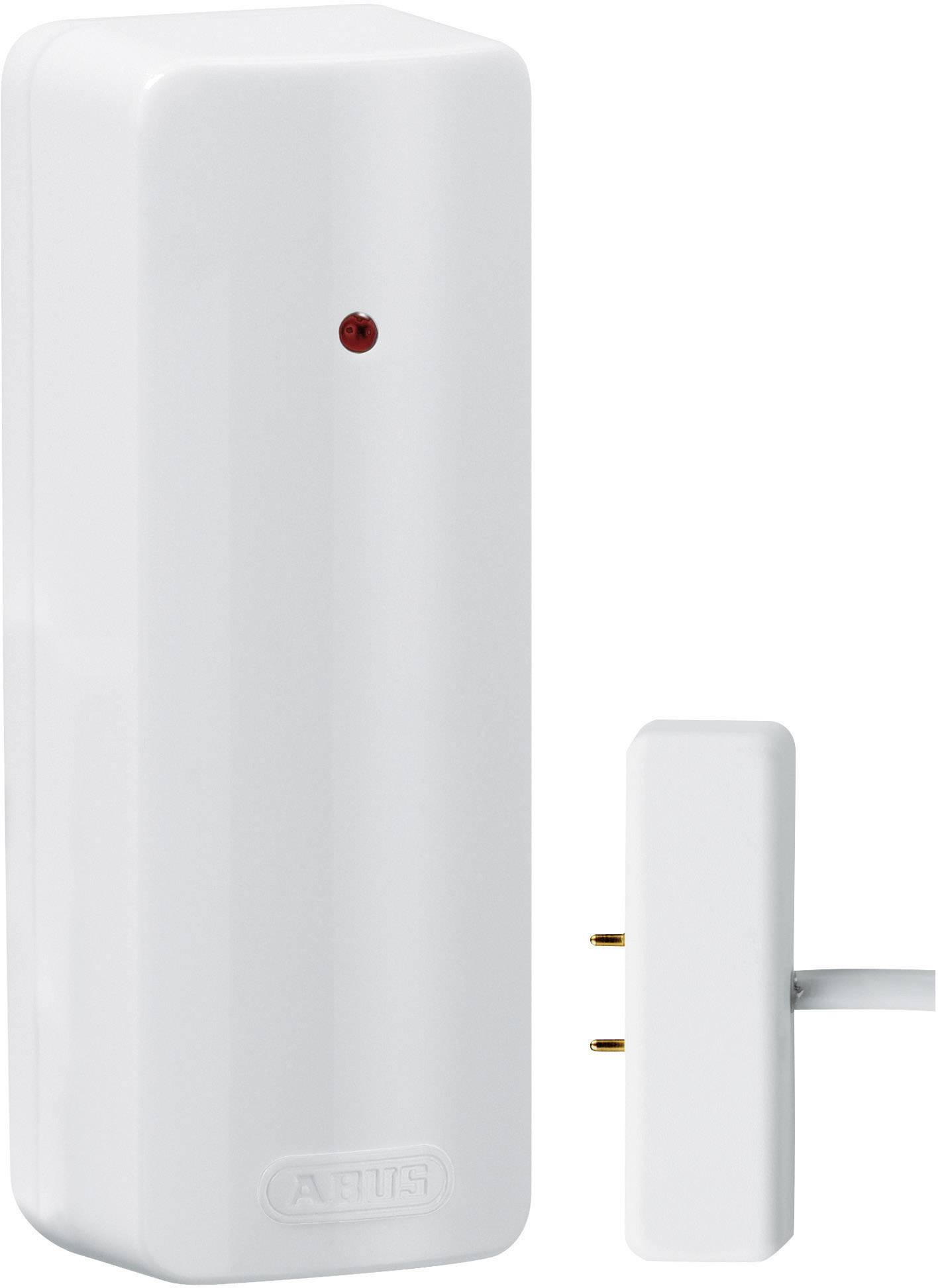 Un contact de porte ou de fenêtre blanc avec un petit voyant rouge à l'avant, utilisé pour la technique de sécurité domestique.