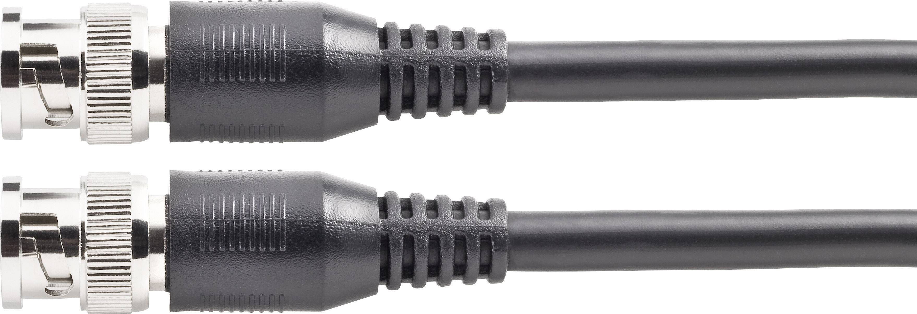 Deux câbles coaxiaux noirs côte à côte avec des connexions métalliques, généralement utilisés pour la transmission de signaux vidéo.