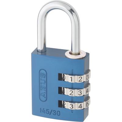 Cadenas à combinaison bleu avec un arceau en métal et trois roues de chiffres, réglé sur '012'.