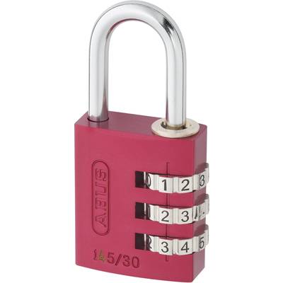 Cadenas à code rouge avec trois roues réglables et un arceau. Marque 'ABUS' et modèle '145/30'.