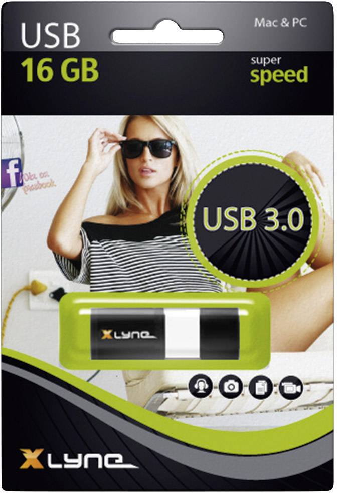Emballage de clé USB, 16 Go, USB 3.0, compatible Mac & PC. Une femme portant des lunettes de soleil est représentée, assise sur un canapé.